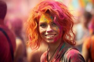 AI Generated Portrait of a young woman at the Holi festival, expressing joy. AI generative. photo