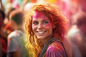 AI Generated Portrait of a young woman at the Holi festival, expressing joy. AI generative. photo