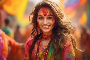 AI generated Portrait of a young woman at the Holi festival, expressing joy. AI generative. photo