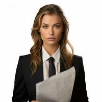 AI generated Business woman in jacket with documents in hands isolated. photo