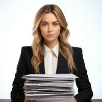 AI generated Business woman in jacket with documents in hands isolated. photo