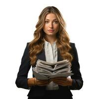 AI generated Business woman in jacket with documents in hands isolated. photo