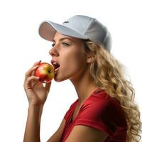 ai generado joven atlético niña comiendo un manzana aislado foto