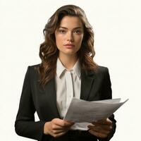 AI generated Business woman in jacket with documents in hands isolated. photo