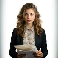 AI generated Business woman in jacket with documents in hands isolated. photo