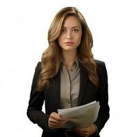 AI generated Business woman in jacket with documents in hands isolated. photo