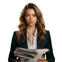 AI generated Business woman in jacket with documents in hands isolated. photo