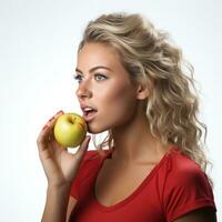 AI generated Young athletic girl eating an apple isolated photo