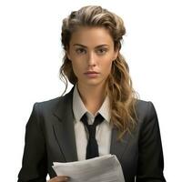 AI generated Business woman in jacket with documents in hands isolated. photo