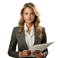 AI generated Business woman in jacket with documents in hands isolated. photo