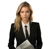 AI generated Business woman in jacket with documents in hands isolated. photo