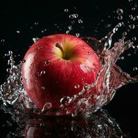 AI generated apple fell into the water with splashes black background photo