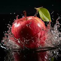 AI generated apple fell into the water with splashes black background photo