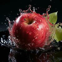 AI generated apple fell into the water with splashes black background photo