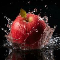 AI generated apple fell into the water with splashes black background photo