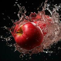AI generated apple fell into the water with splashes black background photo