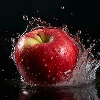 AI generated apple fell into the water with splashes black background photo