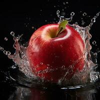 AI generated apple fell into the water with splashes black background photo