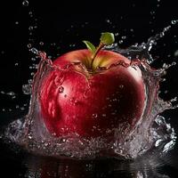 AI generated apple fell into the water with splashes black background photo