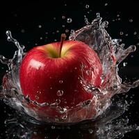 AI generated apple fell into the water with splashes black background photo