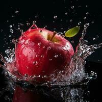 AI generated apple fell into the water with splashes black background photo