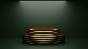 Render Empty oval double golden podium with on dark green background. Stand made photo