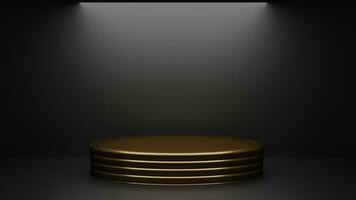 Render empty oval golden podium with on a dark background. Stand on a black photo
