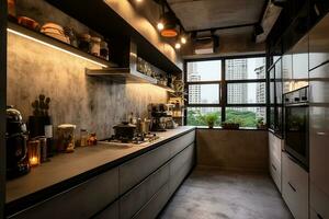 ai generado moderno cocina interior diseño con oscuro armarios, inoxidable acero accesorios foto