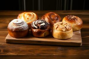 AI generated Composition with assorted pastries on wooden table. Food background. photo