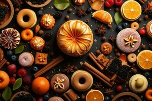AI generated Composition with assorted pastries on wooden table. Food background. photo