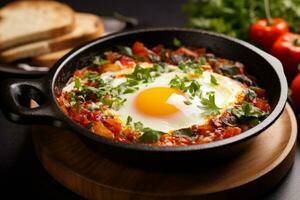 AI generated Shakshuka in a frying pan on a black background. photo