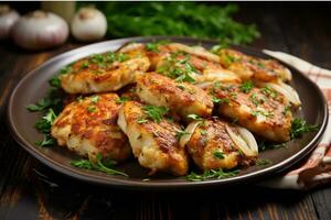 AI generated Potato cutlets with dill on a black plate on a wooden table photo