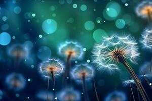 AI generated Dandelion seeds on bokeh background. 3d rendering photo