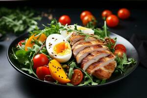 AI generated Salad with grilled chicken, egg and cherry tomatoes on black plate photo