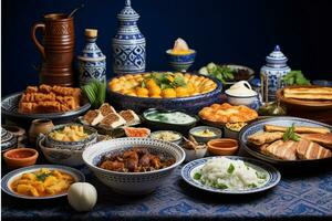 AI generated Traditional oriental dishes with meat vegetables and spices on the table photo