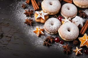 AI generated Composition with assorted pastries on wooden table. Food background. photo