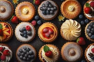 AI generated Composition with assorted pastries on wooden table. Food background. photo