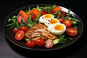 ai generado ensalada con A la parrilla pollo, huevo y Cereza Tomates en negro plato foto