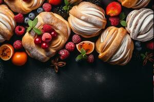 AI generated Composition with assorted pastries on wooden table. Food background. photo