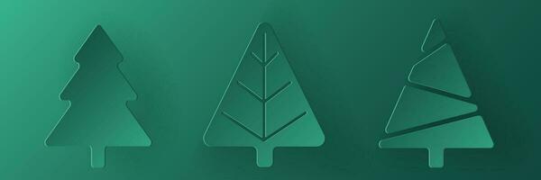 Set of vector green christmas paper cut 3d trees on turquoisebackground. Xmas design elements for presentation, banner, cover, web, flyer, card, sale, poster, slide and social media