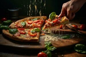 AI generated Hot pizza in the oven on a wooden board. Fire in the background photo