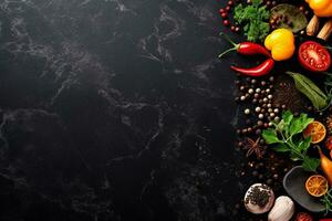 AI generated Spices and herbs on black background with copy space photo