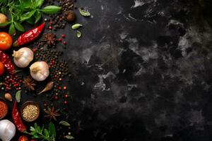 AI generated Spices and herbs on black background with copy space photo