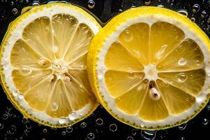 AI generated Slices of lemon and lemons as a background. Top view. photo