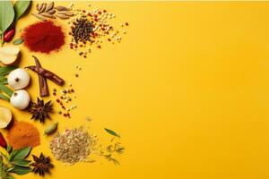 AI generated Spices and herbs on black background with copy space photo