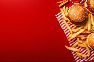 AI generated Homemade hamburger with fresh vegetables and french fries on dark background photo