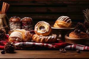 AI generated Composition with assorted pastries on wooden table. Food background. photo