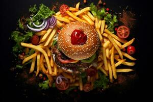 AI generated Homemade hamburger with fresh vegetables and french fries on dark background photo