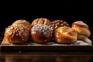 AI generated Composition with assorted pastries on wooden table. Food background. photo