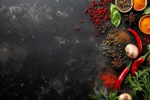 AI generated Spices and herbs on black background with copy space photo